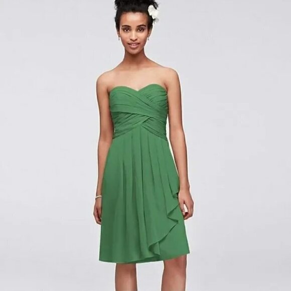 David’s Bridal Crinkle Chiffon Dress w/ Front Cascade Clover Green 10 - Picture 1 of 11